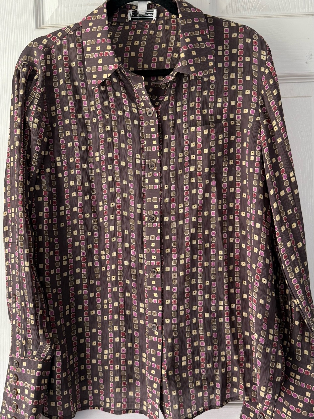 Vintage SILK St. John Sport Geometric Multi Square Long Sleeve Large quiet lux - Picture 2 of 10